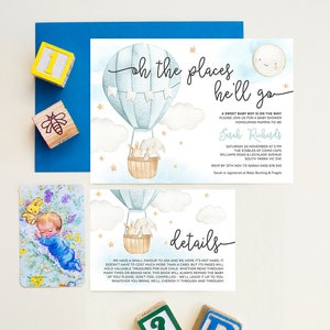 Oh, los lugares a los que irá, arriba y lejos globo aerostático niño invitación de baby shower con tarjeta detallada, plantilla editable Descarga instantánea UPUP1