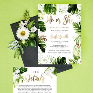 Revelación de género, Invitación al baby shower, Él o ella, Qué será el bebé, Hoja tropical, Tema de playa, Safari, Plantilla editable Descargar TROP04BY