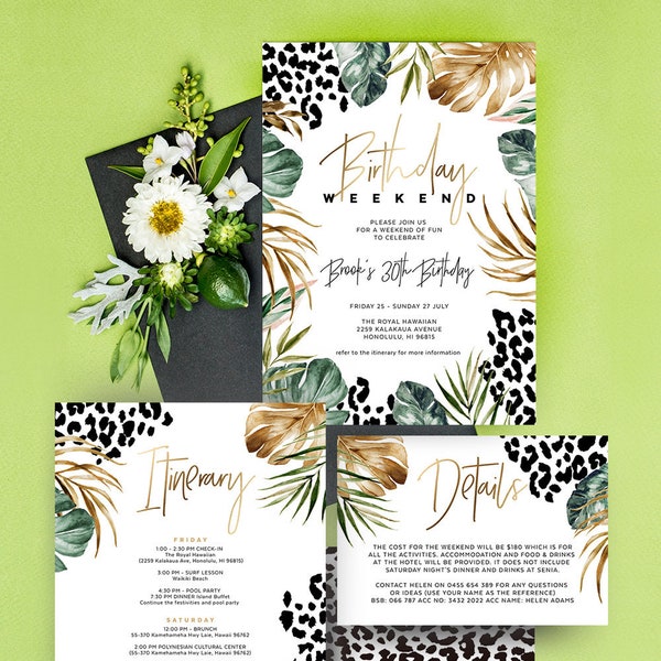 Birthday Weekend Invitation, Girls Trip Itinerary Template, Leopard Print, Safari, Beach Vacation, Travel, Editable, Instant Download TROP06