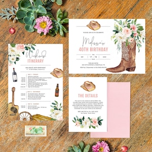 Cowgirl Birthday Invitation, Itinerary Template, Nashville, Country Theme, Cowboy Boots, Dirty 30, 40th Birthday, Instant Download, NASH01