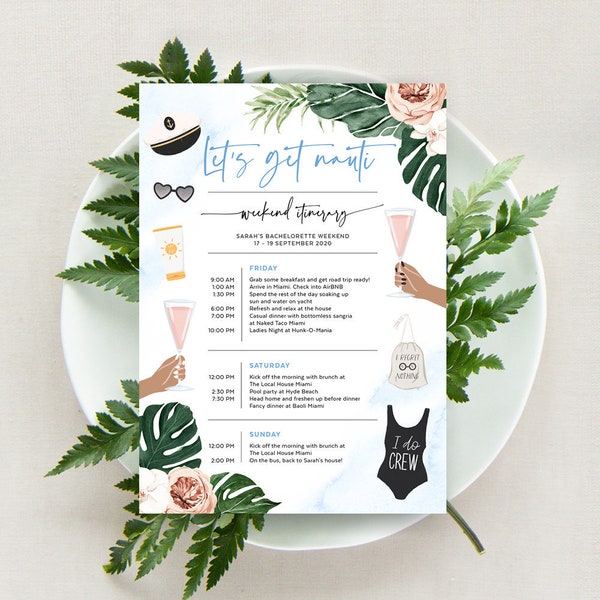 Bachelorette Itinerary Template, Lets Get Nauti, Beach Theme, Nautical, Boat, Cruise, Tropical, Palm Leaf, Editable, Instant Download TROP12