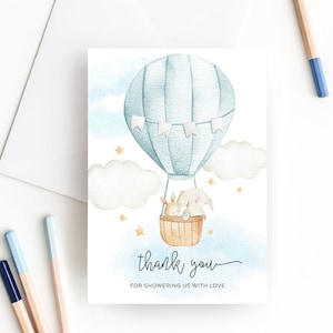 Dank u gevouwen kaart, 3,5 x 5", omhoog en weg, hete luchtballon, olifant, konijn, jongen blauw, bewerkbare sjabloon, Instant Download UPUP1