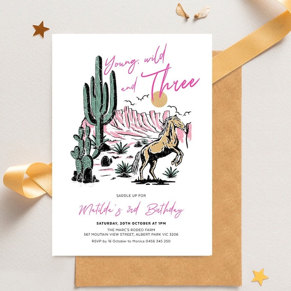 Young Wild And Three, Cowgirl Invitation Template, 3rd Birthday Invite, Country, Desert Vibe, Rustic Horse, Pony, Editable Template, WILD01