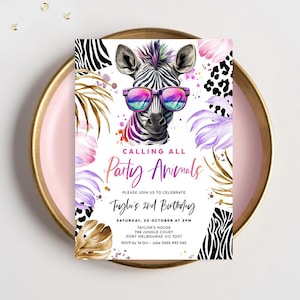 Invitation d'anniversaire animal, zèbre, imprimé léopard, jungle, safari, invitation de fille, tout âge, modèle modifiable, LEOP01