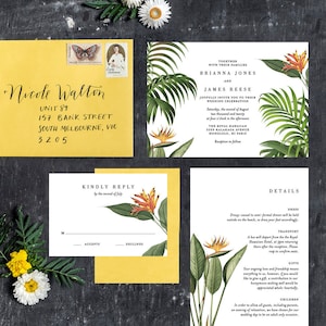 May include: A tropical-themed wedding invitation with a white background and green and orange floral illustrations. The invitation includes the names Brianna Jones and James Reese, the date Saturday, the second of August, two thousand and twenty, and the time four o'clock in the afternoon. The location is The Royal Hawaiian, 2259 Kalakaua Avenue, Honolulu, HI 96815. The invitation also includes a RSVP card with a tropical floral illustration.