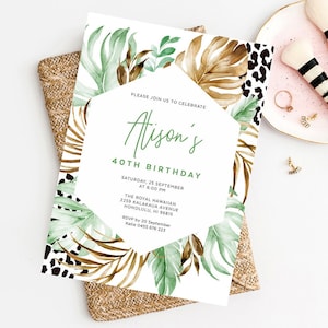 Birthday Invitation Template, 30th Birthday Party Invite, Palm Leaf, Jungle Theme, Cheetah, Adult Evite, Editable, Instant Download, TROP07