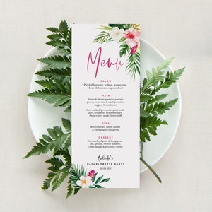 Plantilla de menú tropical, brunch de despedida de soltera, cena de ensayo de boda, decoración de platos, verano, isla, playa, editable, descarga instantánea TROP01