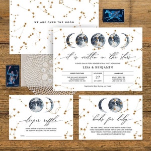 Hemelse baby shower uitnodiging set, boeken kaart, luier loterij, jongen, meisje, astrologie uitnodiging, maan, bewerkbare sjabloon downloaden, CEL01 Marine
