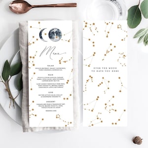 Dinermenukaarten, afdrukbare sjabloon, tafelfeestdecoratie-ideeën, hemels, maanstanden, ster, dubbelzijdig, instant download CEL01 blauw
