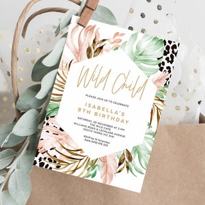 Convite de aniversário de criança selvagem, estampa de leopardo, selva moderna, tema safari, convite de menina, qualquer idade, modelo editável, download instantâneo TROP07