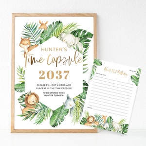 Signo de cápsula del tiempo con tarjetas de mensajes a juego, fiesta de cumpleaños, baby shower, niño, niña, género neutro, editable, plantilla de bricolaje Descargar SAF01