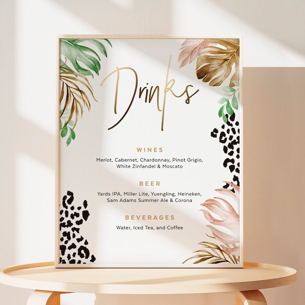 8x10 Drink Sign, Bar Menu, Alcohol List, Cocktails, Safari Theme, Modern Jungle, Printable Signs for Party, Editable Template, TROP07