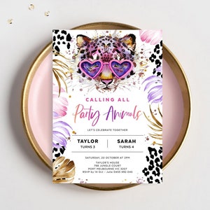 Invitation d'anniversaire de frère et sœur, appelant tous les fêtards, anniversaire d'amis communs, guépard, jungle, safari, fille, modèle modifiable, LEOP01