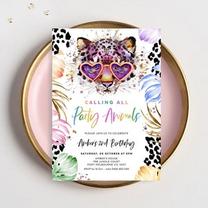 Invitation d'anniversaire fêtards, imprimé léopard, thème de la jungle, fête safari, invitation fille, arc-en-ciel, téléchargement numérique, LEOP01