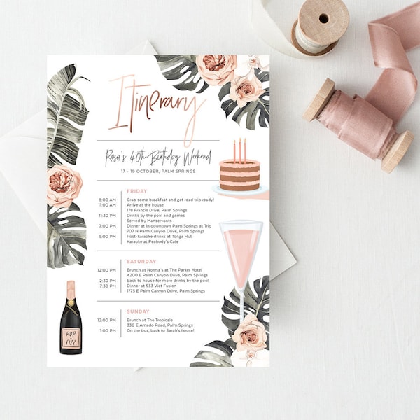 Birthday Itinerary Template, Surprise Weekend, Agenda, Beach, Vacation, Tropical, Palm Leaf, Miami, Editable, Instant Download, TROP11