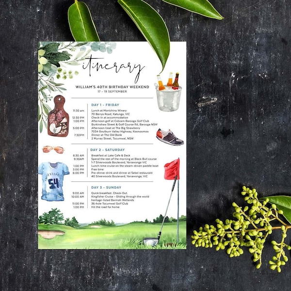 Itinerary Template, Golf Weekend Schedule, Par-tee, Planner, Agenda, Bachelor Party, Dad's Birthday, Boys Trip, Instant Download, GOLF01