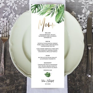 Modelo para impressão de cartão de menu de jantar dourado, comprimento longo 3,75x9, folhas de palmeira tropical, editável para impressão, download instantâneo TROP03_B SAF01