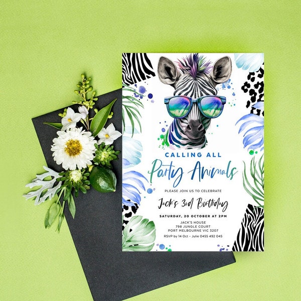 Calling All Party Animal Birthday Invitation, Zebra Invite, Leopard Print, Jungle, Safari, Boy Invite, Any Age, Editable Template, LEOP01