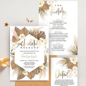 Invitation à l'enterrement de vie de jeune fille, modèle d'itinéraire, herbe de la pampa, fleurs séchées, thème de la plage, imprimable modifiable, téléchargement immédiat GRASS02W