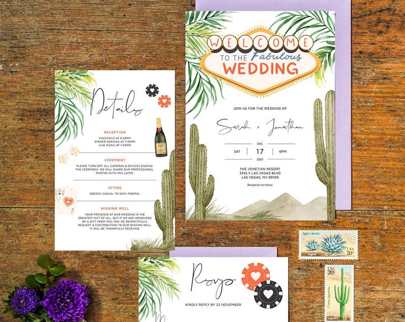 Las Vegas Wedding Invitation with RSVP Details Card Cactus Palm Tree Casino Night Nevada Editable Template Instant Download