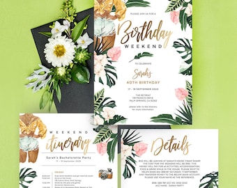 May include: A tropical-themed birthday weekend invitation with a floral design and a woman in a yellow shirt and denim shorts. The invitation includes the text "Birthday Weekend" and "Sarah's 40th Birthday". The invitation also includes a weekend itinerary and details for the event.