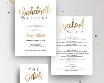 Bachelorette Invitation, Itinerary and Details Card Template Set, Minimal, Simple, Gold Faux Foil, Editable in Templett, Instant Download