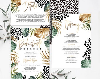 ¡A por todas! Invitación para despedida de soltera en la selva, plantilla de itinerario de viaje, estampado de guepardo, safari, editable, descarga instantánea, TROP06