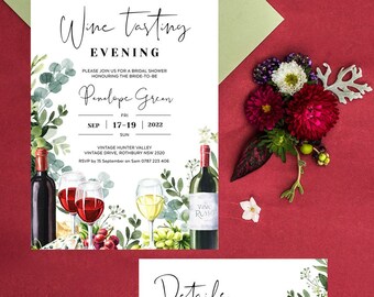 May include: Wine tasting bridal shower invitation with floral and wine illustrations. The invitation includes the text "Wine Tasting Evening" and details for Penelope Green's event, including the date, time, and RSVP information. A matching details card is also included.
