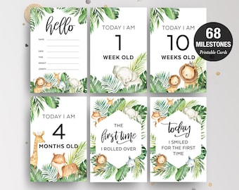 Safari Baby Milestone Cards Printable, Monthly Photo Prop, Unique Gift for New Mom, Baby Shower Keepsake Present, Gender Neutral 4x6, SAF01