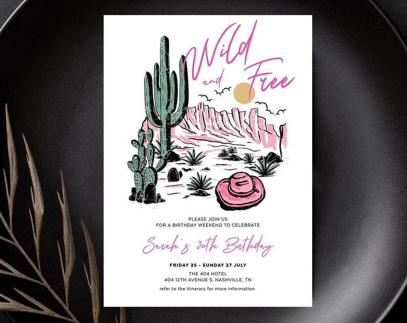 Cowgirl Invitation Template Birthday Invite Wild Free Country Theme Desert Vibe Cowboy Hat Lets Go Girls Editable Template