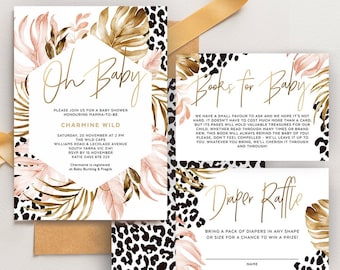 Oh Baby, Girl Baby Shower Invitation, Palm Leaf, Safari, Jungle Theme, Leopard Print, Tropical, Editable Template, Instant Download TROP07