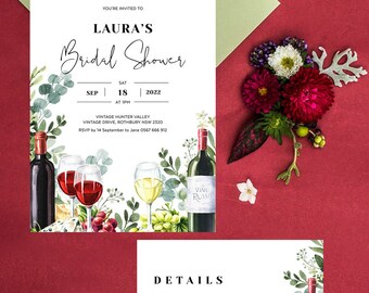 May include: A white invitation card with green and red floral illustrations. The text on the card reads "You're invited to Laura's Bridal Shower" with the date and time "Sat Sep 18 | 2022 at 5pm". The card also includes the location "Vintage Hunter Valley, Vintage Drive, Rothbury NSW 2320" and RSVP information. The bottom of the card has the text "Details" and includes information about the cost of the event, RSVP instructions, and bank account details.