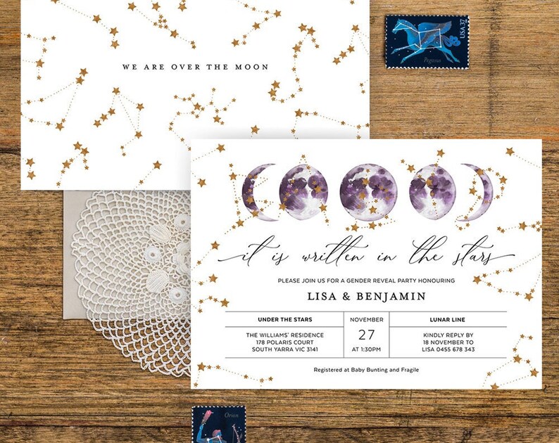 Purple Moon Baby Shower Invitation Celestial Theme Welcome to the World Boy Its A Girl Gender Neutral DIY Editable Template