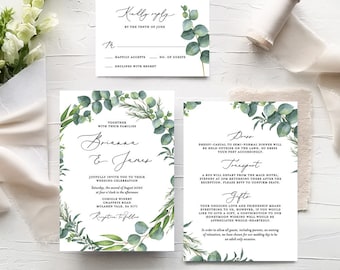 Wedding Invitation Set Template Download, Greenery Wreath, Eucalyptus Leaves, Boho, Bohemian, Nature, DIY, Edit Yourself with Templett G014