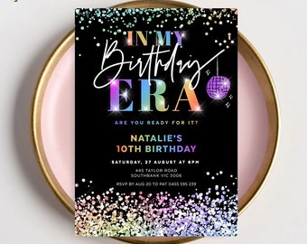 In Her Era Invitation, Eras Birthday Party, Girl's Birthday, Adult Invite, Disco Ball, Rainbow Glitter, Any Age, Editable Template, ERA01