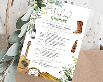 Nashville Itinerary Template, Birthday Weekend, Bachelorette Trip, Texas, Country Guitar, Cowgirl, Cowboy, Wedding, Editable File, NASH01