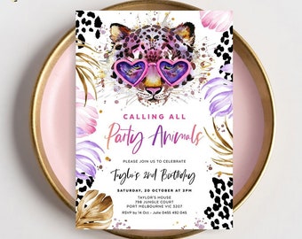 Calling All Party Animal Geburtstagseinladung, Leopardenmuster, Dschungel-Thema, Safari-Party, Mädchen einladen, jedes Alter, bearbeitbare Vorlage, LEOP01