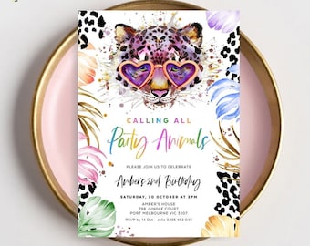 May include: A colorful invitation with a leopard wearing heart-shaped sunglasses. The text reads "Calling All Party Animals" and includes details for Amber's 2nd Birthday party.