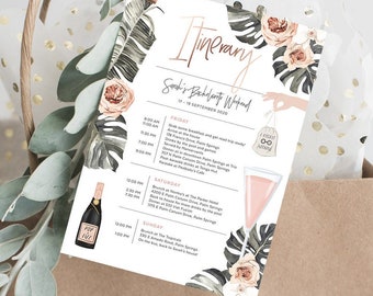 Bachelorette Reiseplan, Geburtstagseinladung, Agenda, Strand, Urlaub, Tropisch, Palmblatt, Miami, bearbeitbar, Sofort Download, TROP11