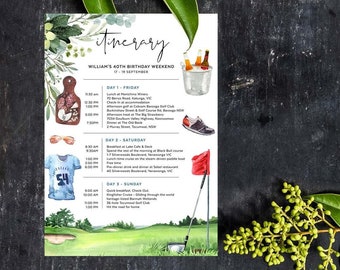 Itinerary Template, Golf Weekend Schedule, Par-tee, Planner, Agenda, Bachelor Party, Dad's Birthday, Boys Trip, Instant Download, GOLF01