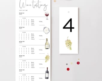 Wine Tasting Score Card, Blind Wine Tasting, Party Games, Rating Sheet, 5 Wine Notes, Digital, Editable Template, Instant Download, WINE01