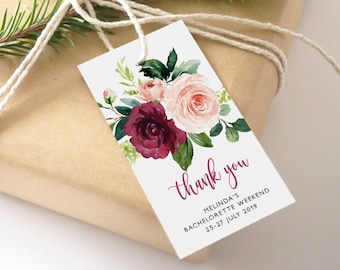 Thank You Favor Tag, Small Gift Tag for Hen Bachelorette Party, Burgundy, Girl Baby Shower, DIY Editable Template, Instant Download GB04burg