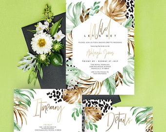 Lets Get Wild, Jungle Bachelorette Party Invitation, Birthday Itinerary Card, Cheetah Print, Safari, Editable Template Download, TROP07