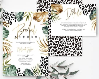 Lets Get Wild, Jungle Bridal Shower Invitation Template, Cheetah Print, Safari, Gold Palms, Greenery, Editable, Instant Download, TROP06