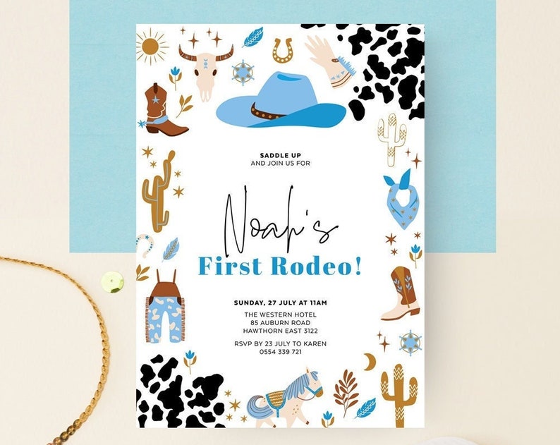 Cowboy Birthday Invitation Rustic Country Western 1st Rodeo Party Invite Cow Pattern DIY Editable Template Instant Download