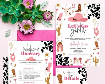 Invitación de despedida de soltera de Nashville, plantilla de itinerario, occidental, country, Nash Bash, Lets Go Girls, fiesta de vaqueras, descarga instantánea NASH02
