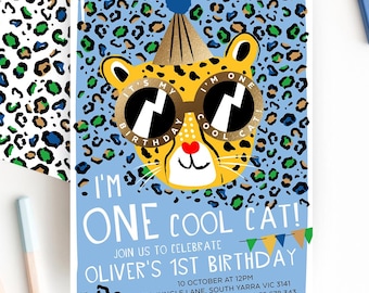 One Cool Cat, Boy 1st Birthday Party Invite, Cheetah Birthday Invitation, Jungle, Safari, First Birthday Evite, Editable Template, LEOP03