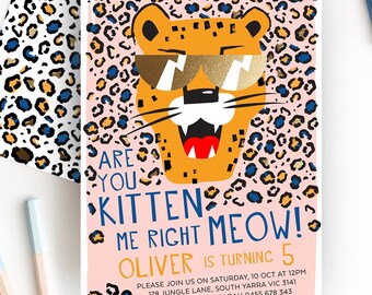 Are You Kitten Me Right Meow Invites, Big Cat Birthday Invitation, Purrfect Party, Cool Cat Evite, Leopard Print, Editable Template, LEOP03
