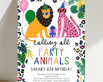 Party Animal Birthday Invitation, Leopard, Lion, Big Cats Party Invite, Cheetah Print, Jungle Leaf, Safari Theme,  Editable Template, CATS01