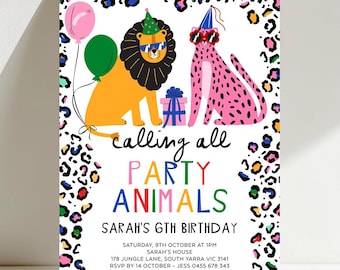 Party Animal Birthday Invitation, Leopard Print, Cheetah, Lion, Cats, Jungle Safari Animals Birthday Party Invite, Editable Template, CATS01
